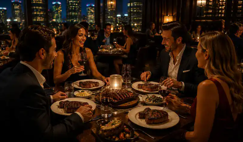 Guests enjoying premium steaks and fine dining at a luxury Houston steakhouse with an elegant evening atmosphere.